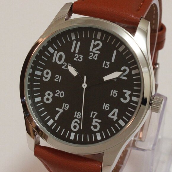Men's Quartz Field Watch Silver Case Brown Leather Strap 42mm - Picture 10 of 12